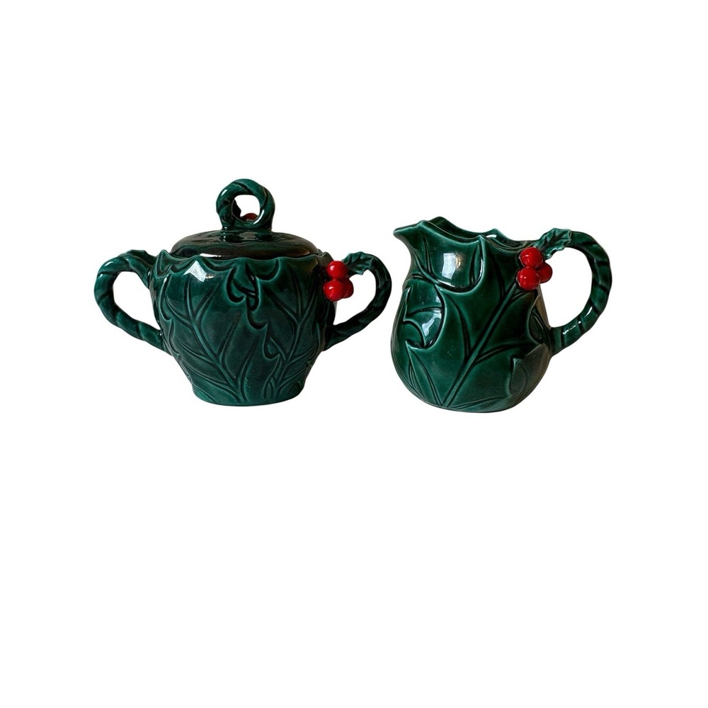 Vintage‎ Lefton  Set Creamer & Sugar Bowl With Lid Holly Berries #1355